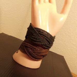 Boho Two Tone Woven Multi Strand Seed Bead Wide Cuff Bracelet Brown Grey‎